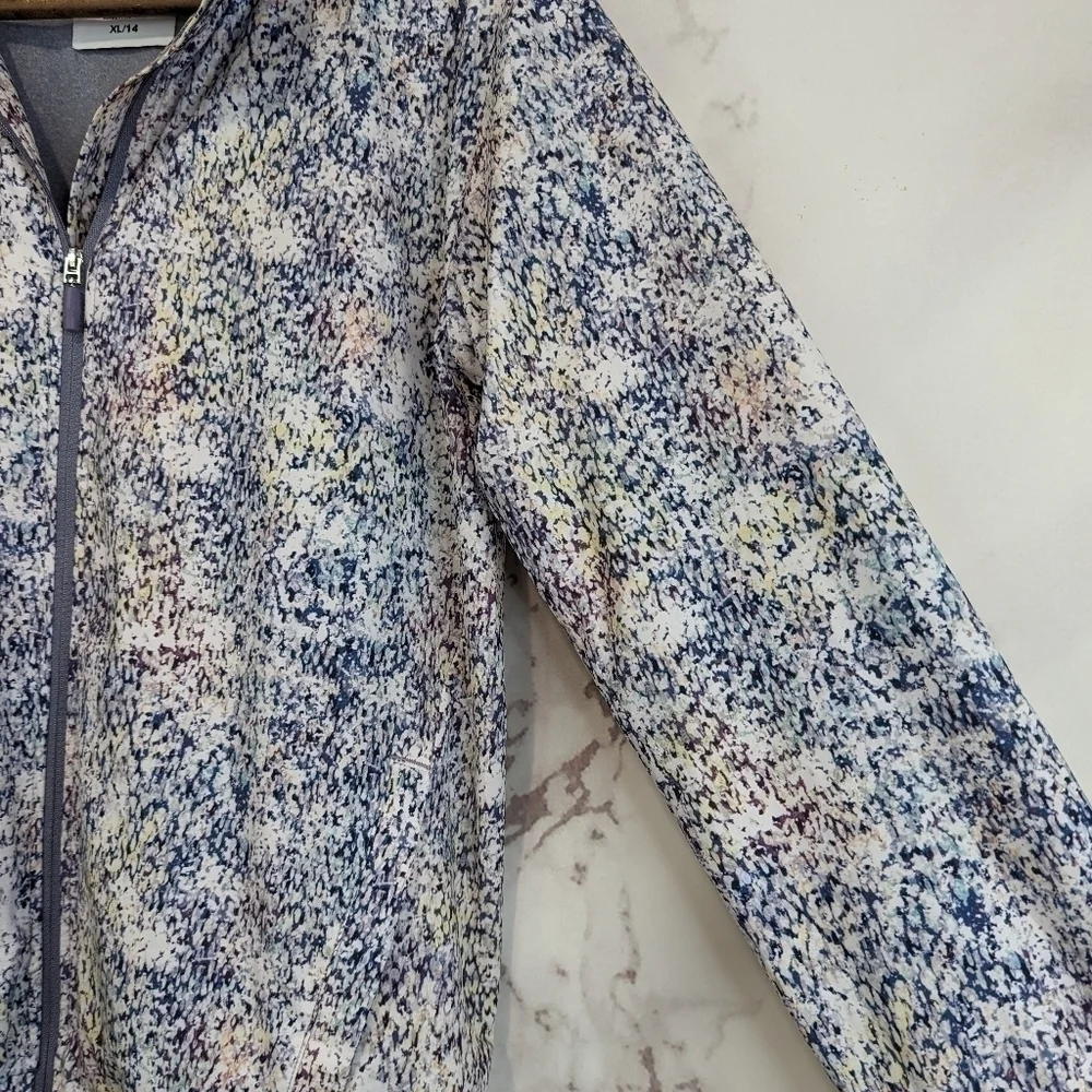 Athleta Girl Jacket XL 14 Full Zip Ice Storm Pattern Abstract Blue Jersey 1183